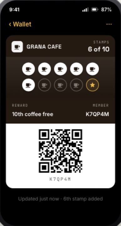 A branded loyalty card in Apple Wallet