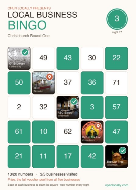 Local Business Bingo — a real card with Christchurch shops in the squares