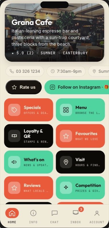 A shop's Open Locally app — menu, loyalty, specials and more from one QR