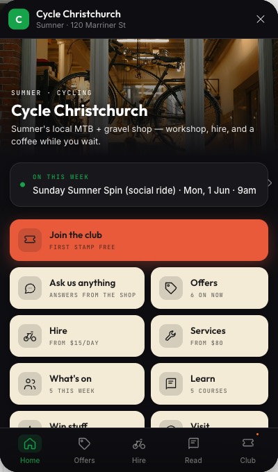 The club panel running live on a bike shop's own website